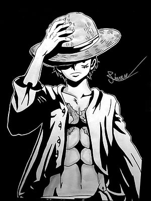 Dark Luffy Black and White Anime Illustration with Straw Hat and Open Shirt HD phone wallpaper