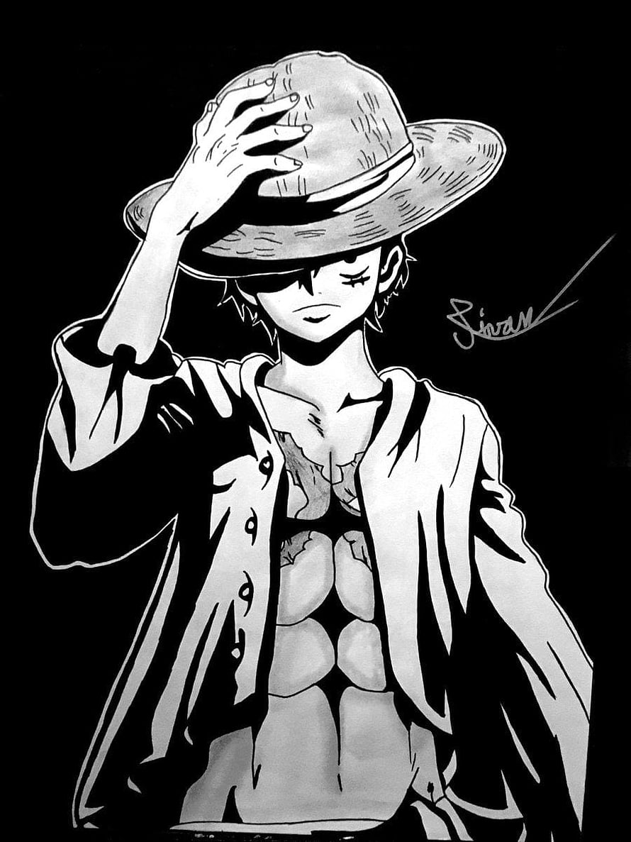 Dark Luffy Black and White Anime Illustration with Straw Hat and Open Shirt HD phone wallpaper