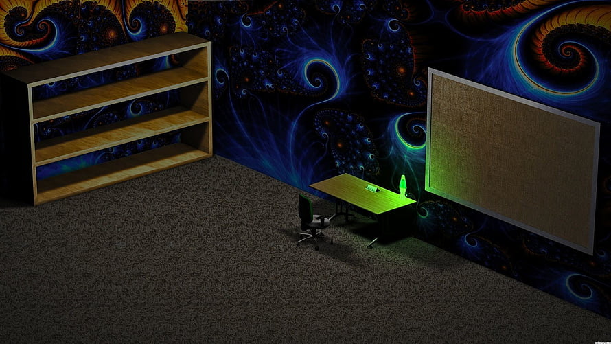3D Rendered Office Interior with Fractal Wallpaper and Wooden Bookshelf HD wallpaper