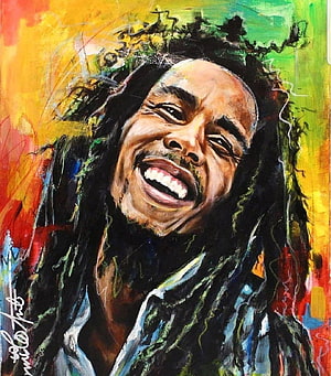 Vibrant Bob Marley Portrait Painting with Reggae Colors and Expressive Brushwork HD phone wallpaper