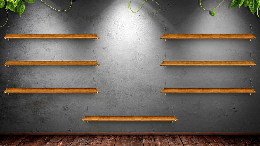 Empty wooden floating shelves on a textured concrete wall with green vines and a rustic wooden floor HD wallpaper