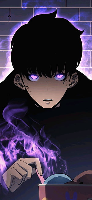 Sung Jin Woo from Solo Leveling with glowing purple eyes and dark energy aura HD phone wallpaper