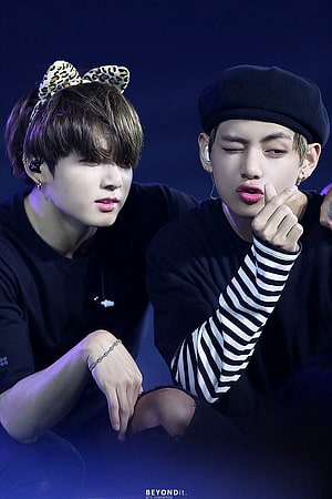 BTS V and Jungkook in Casual Black Outfits with Playful Stage Expressions HD phone wallpaper