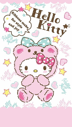 Hello Kitty in a fluffy pink bear costume with a polka dot bow, surrounded by pastel hearts and stars HD phone wallpaper