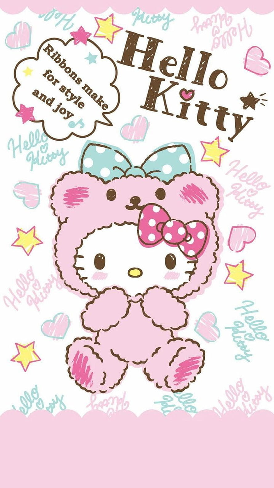 Hello Kitty in a fluffy pink bear costume with a polka dot bow, surrounded by pastel hearts and stars HD phone wallpaper
