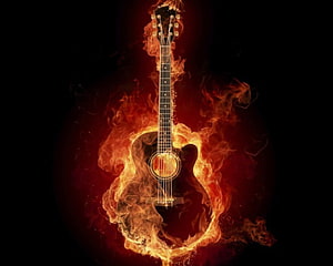 Acoustic Guitar Enveloped in Dramatic Flames Against a Dark Background HD wallpaper