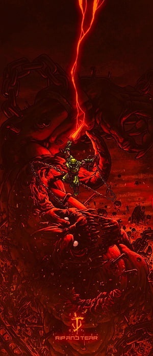 Doom Slayer Wielding Chainsaw Amidst Hellish Demons and Crimson Lightning HD phone wallpaper