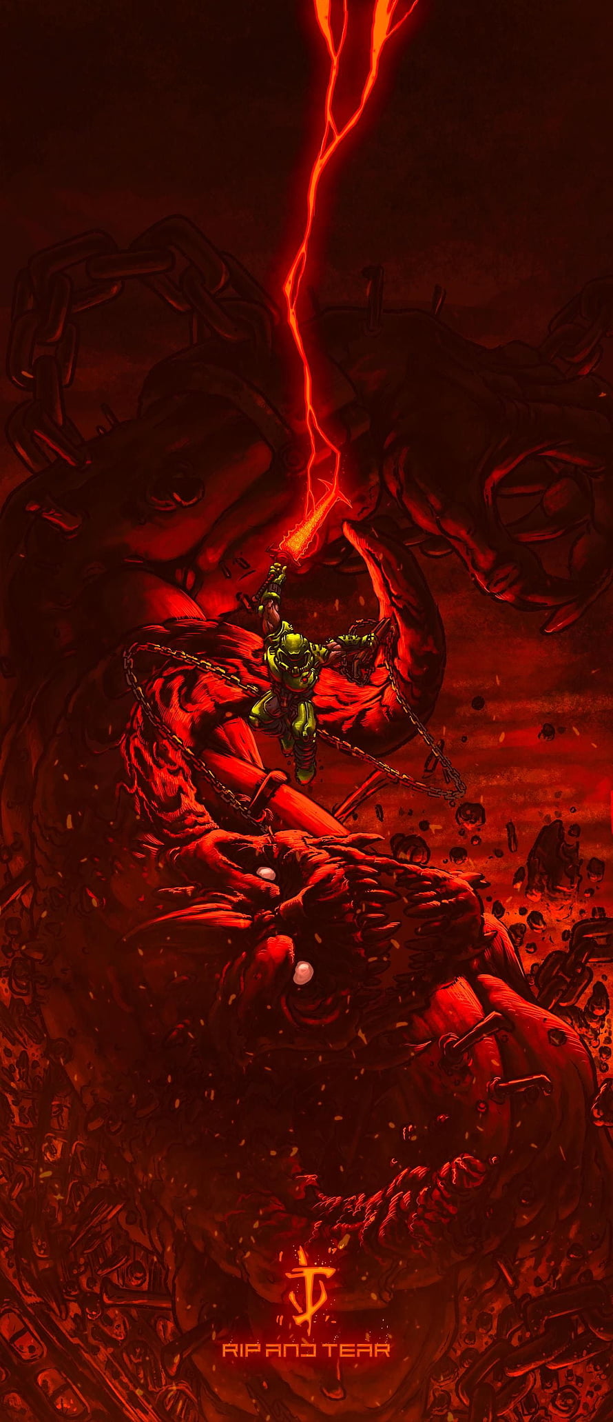Doom Slayer Wielding Chainsaw Amidst Hellish Demons and Crimson Lightning HD phone wallpaper