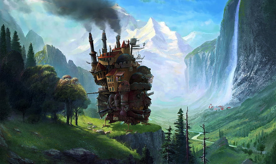 Howl's Moving Castle Stepping Through a Lush Mountain Valley with Waterfalls and Snow Peaks HD wallpaper