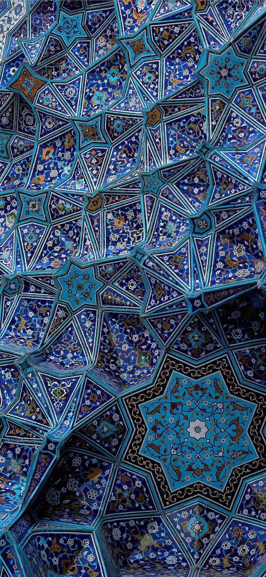 Intricate Persian Muqarnas Ceiling with Blue Floral Tilework and Geometric Star Patterns HD phone wallpaper