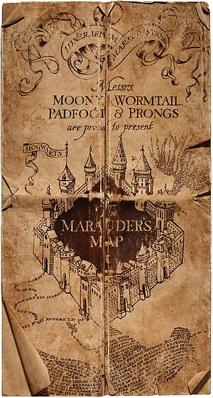 The Marauder's Map from Harry Potter featuring Hogwarts Castle and the four creators HD phone wallpaper