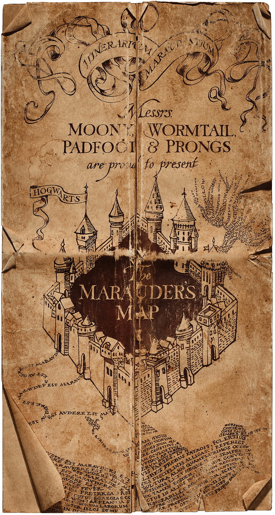 The Marauder's Map from Harry Potter featuring Hogwarts Castle and the four creators HD phone wallpaper