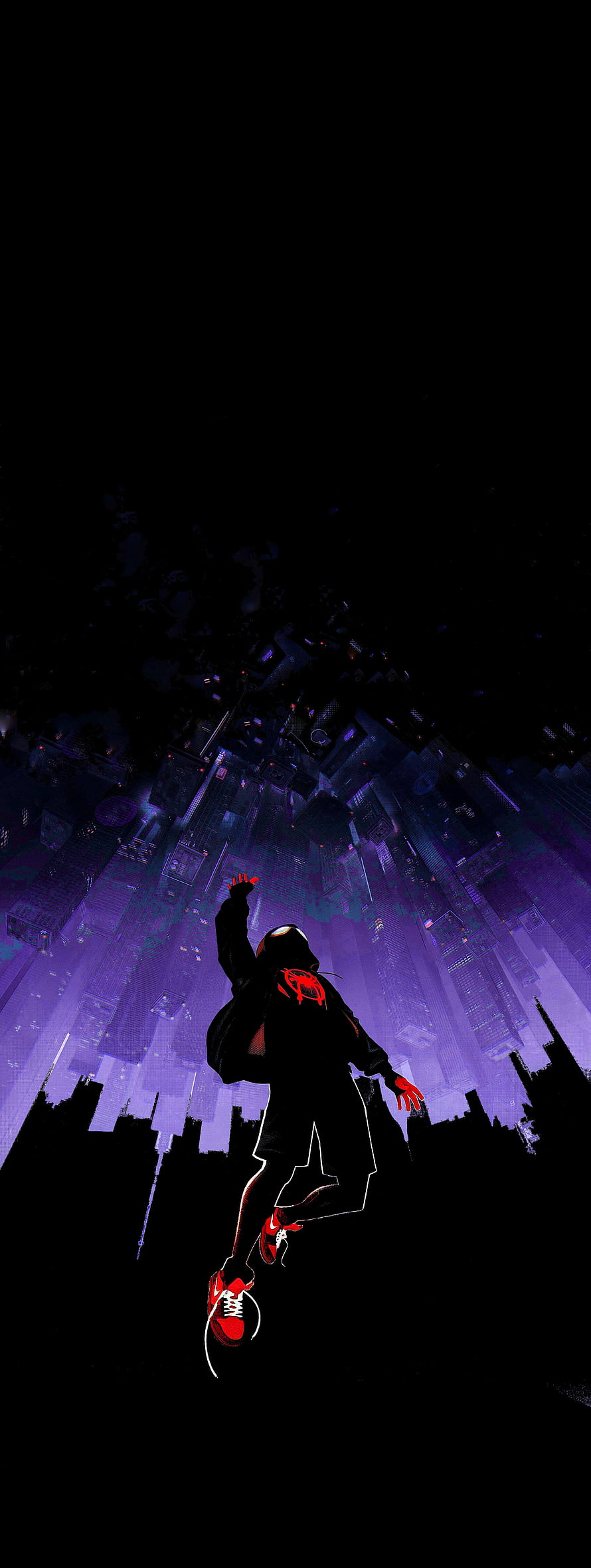 Miles Morales leaping over a neon-lit cityscape in a dark, stylized Spider-Verse illustration HD phone wallpaper