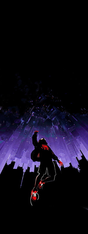 Miles Morales Leaping Over a Neon Purple Cityscape in a Dark Digital Art Style HD phone wallpaper