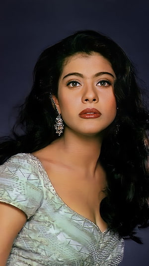 Kajol Bollywood Actress Portrait in Silver Dress with Dark Wavy Hair HD phone wallpaper
