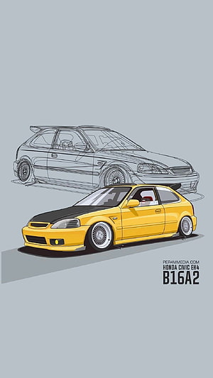 Yellow Honda Civic EK9 B16A2 JDM Illustration with Wireframe Sketch HD phone wallpaper