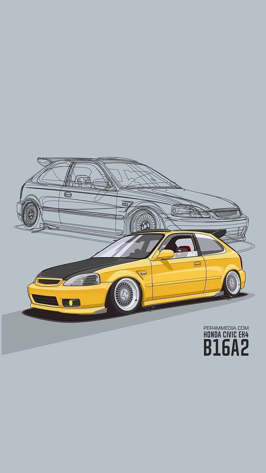 Yellow Honda Civic EK9 B16A2 JDM Illustration with Wireframe Sketch HD phone wallpaper