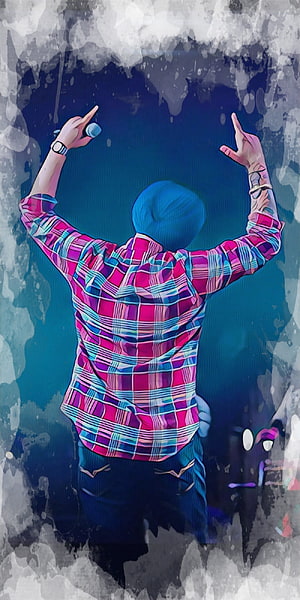 Sidhu Moose Wala Back View in Vibrant Plaid Shirt with Raised Arms and Microphone HD phone wallpaper