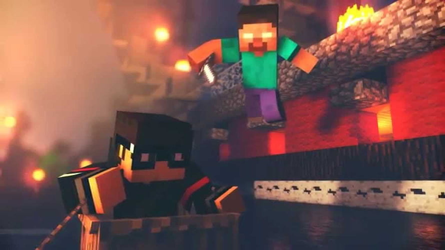 Minecraft Steve and Enderman in a fiery Nether landscape with lava and stone structures HD wallpaper