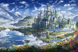 Majestic Fantasy Castle on a Floating Island Surrounded by Clouds and Waterfalls HD wallpaper