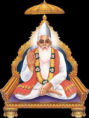 Kabir Sahib Seated on Ornate Golden Throne with Flower Garland and Blessing Gesture HD phone wallpaper
