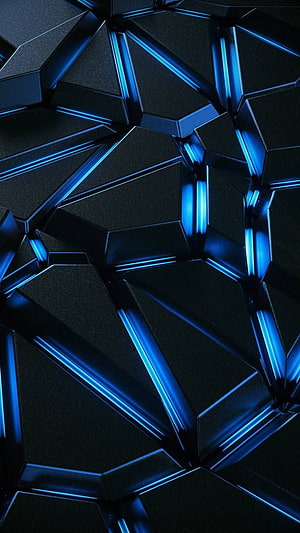 Abstract Geometric 3D Pattern with Glowing Blue Neon Edges on Dark Background HD phone wallpaper