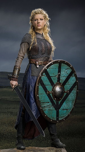 Katheryn Winnick as Lagertha in Vikings with sword and shield HD phone wallpaper