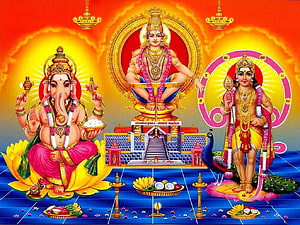 Swamy Ayyappa with Lord Ganesha and Lord Murugan Hindu Deity Illustration HD wallpaper