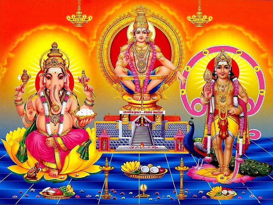 Swamy Ayyappa with Lord Ganesha and Lord Murugan Hindu Deity Illustration HD wallpaper