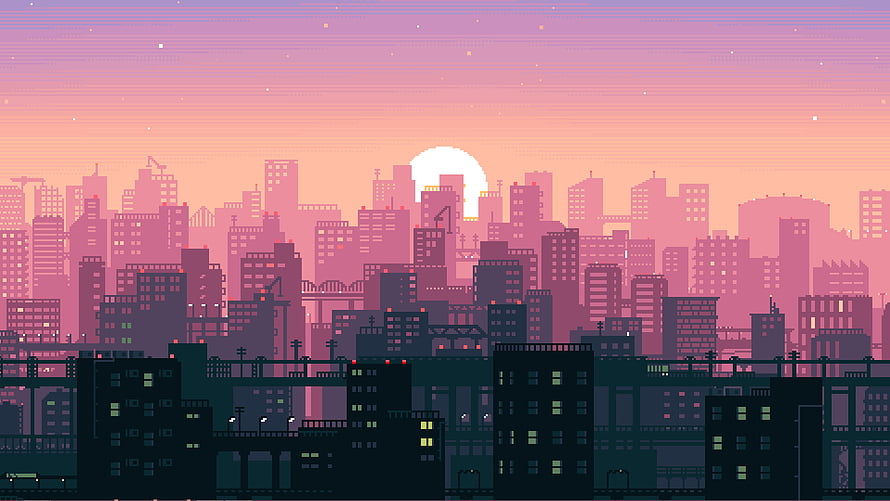 8 Bit Japan Pixel Art Cityscape at Sunset with Retro Skyline and Warm Gradient Sky HD wallpaper