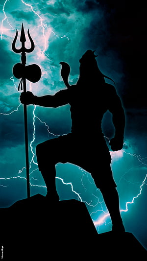 Lord Shiva Silhouette Holding Trishul Against Dramatic Lightning Storm Sky HD phone wallpaper