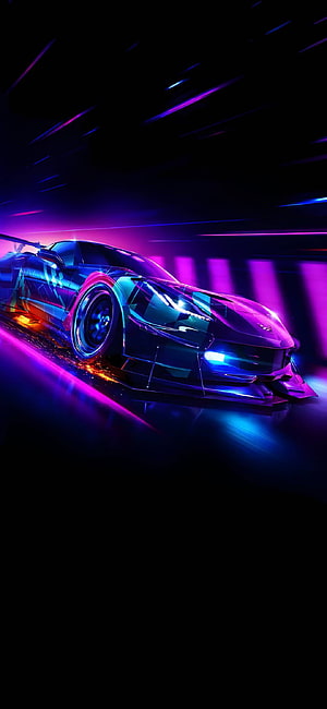 Futuristic Supercar Concept with Neon Cyan and Magenta Lighting in Dark Environment HD phone wallpaper