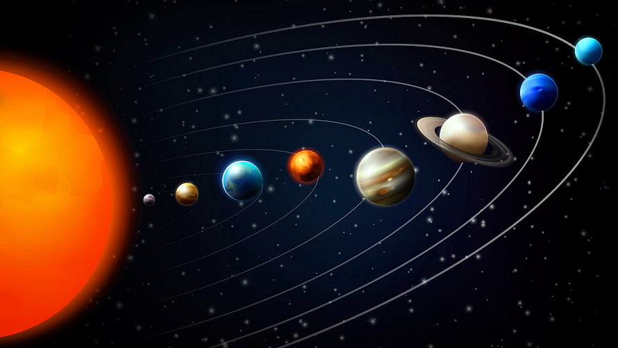 Vibrant Solar System Illustration Featuring Sun and Planets in Orbit Against Starry Space HD wallpaper