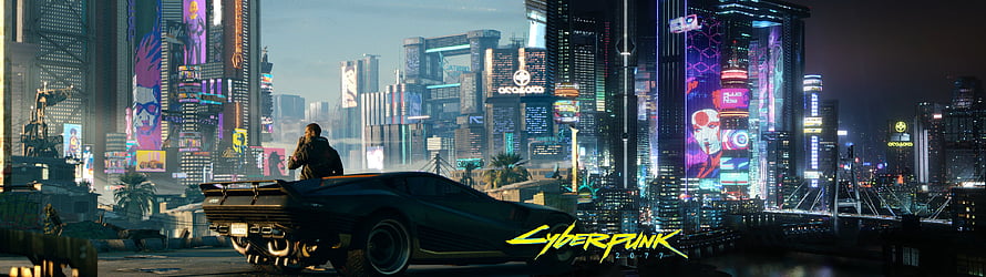 Cyberpunk 2077 Night City Skyline with Futuristic Sports Car and Neon Billboards HD wallpaper