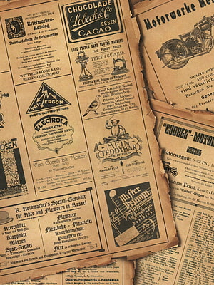 Vintage German Newspaper Clippings with Early 20th Century Advertisements and Illustrations HD phone wallpaper