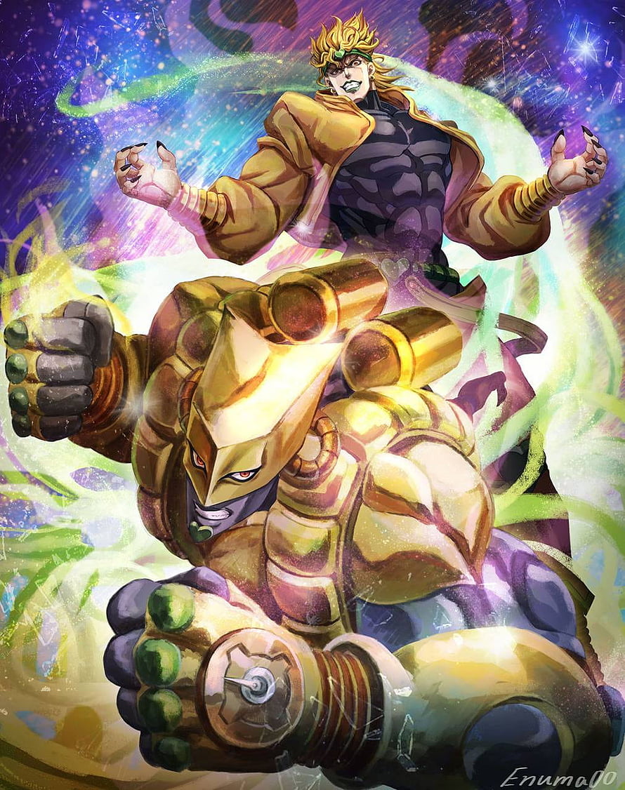 Dio and The World Stand from JoJo's Bizarre Adventure in Dynamic Action Pose HD phone wallpaper