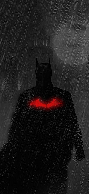 Batman Silhouette in Heavy Rain with Glowing Red Emblem and Gothic Castle Backdrop, Couple Of I Made After Wanting A The Batman But Not Wanting An Intense Red Color! : R Thebatman, The Batman HD phone wallpaper
