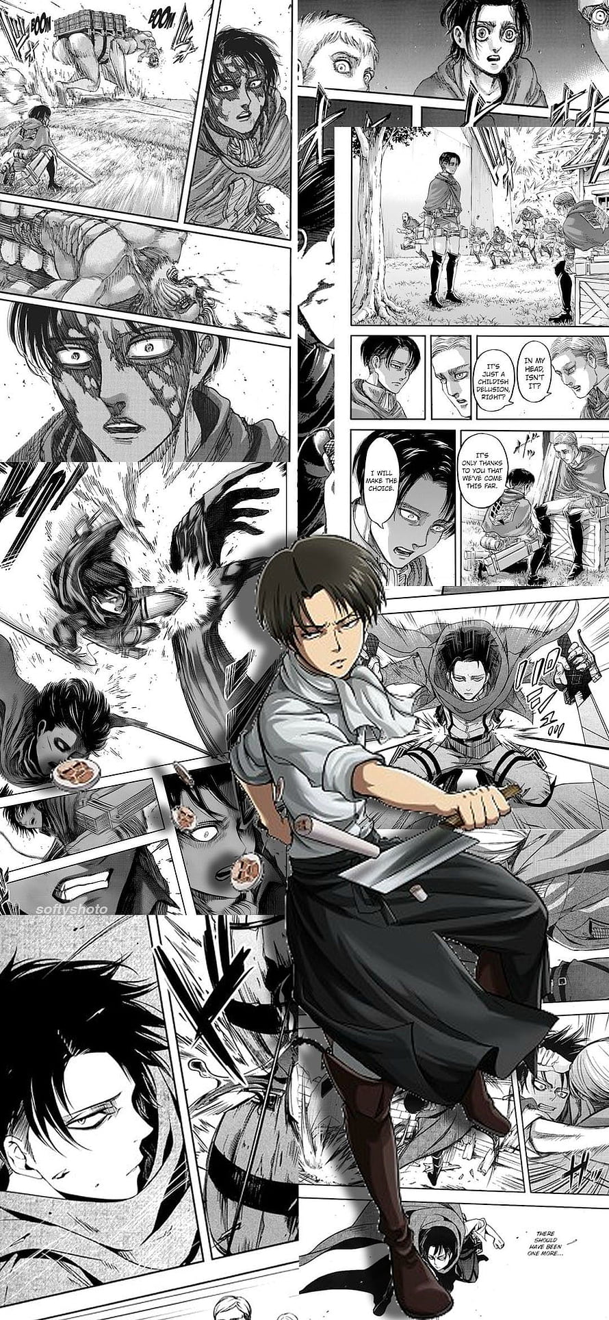 Levi Ackerman Attack on Titan Manga Panel Collage with Combat Scenes and Character Close-Ups HD phone wallpaper