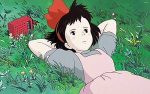 Kiki from Kiki's Delivery Service Lying in Grass with Red Radio HD wallpaper