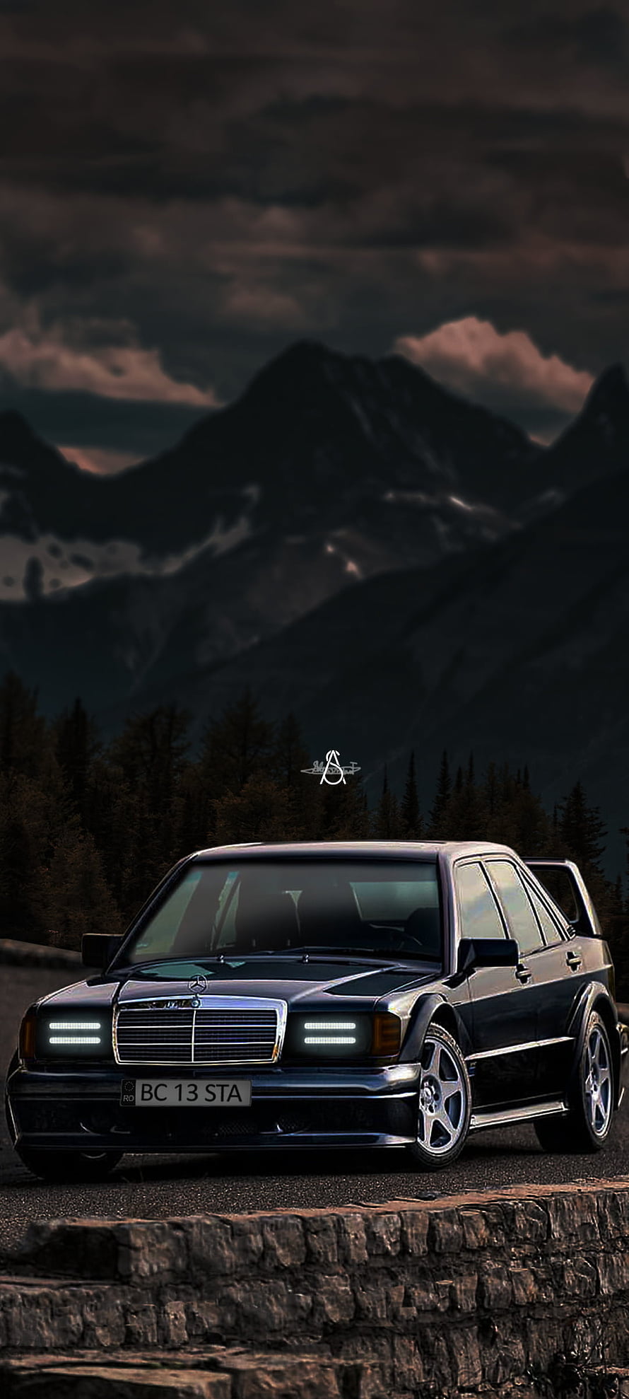 Black Mercedes-Benz W124 Pickup Truck with LED Headlights Parked Against Dramatic Mountain Landscape HD phone wallpaper