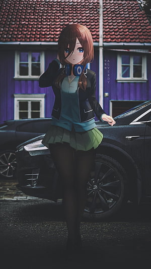 Miku Nakano from The Quintessential Quintuplets Leaning Against a Car in a Street Scene HD phone wallpaper