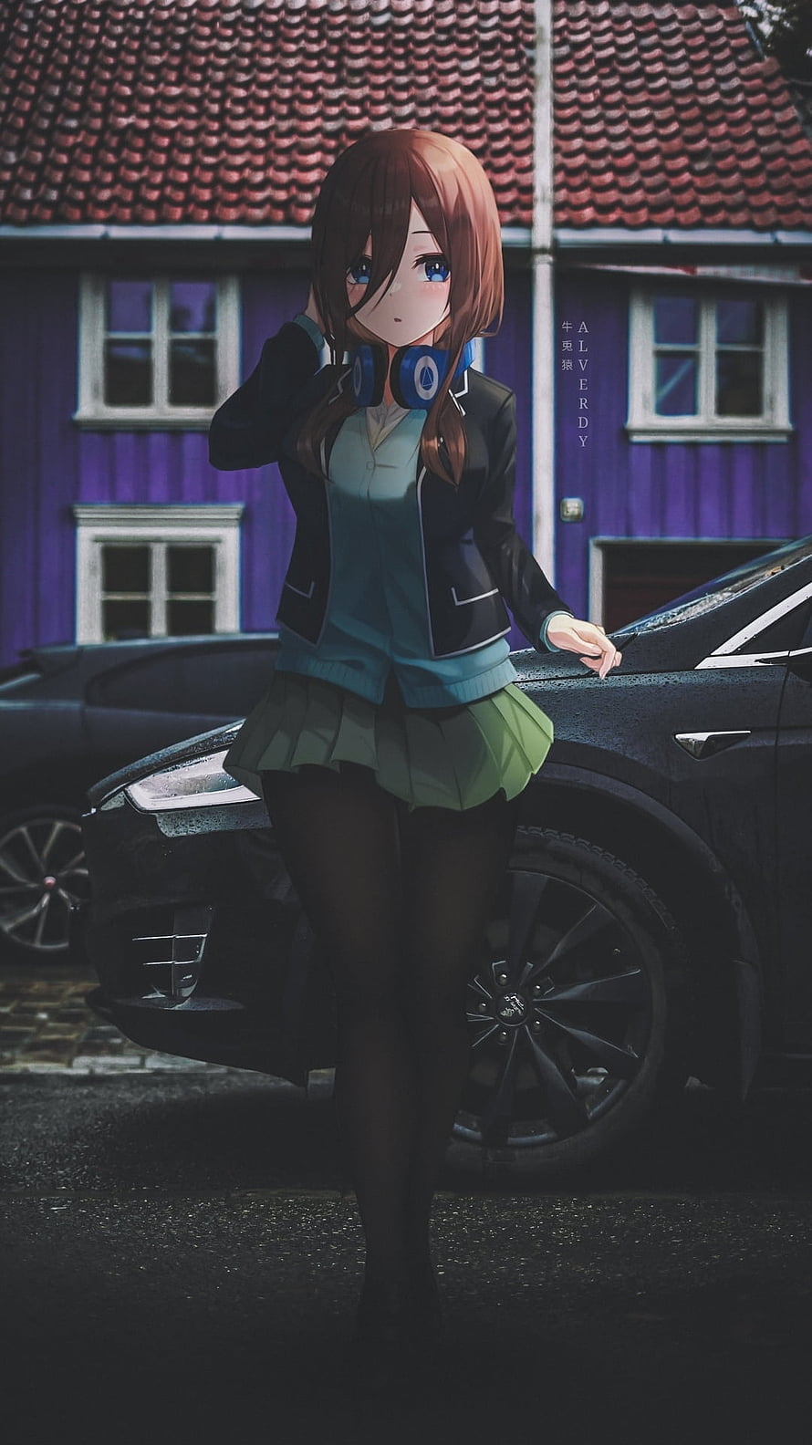 Miku Nakano from The Quintessential Quintuplets Leaning Against a Car in a Street Scene HD phone wallpaper
