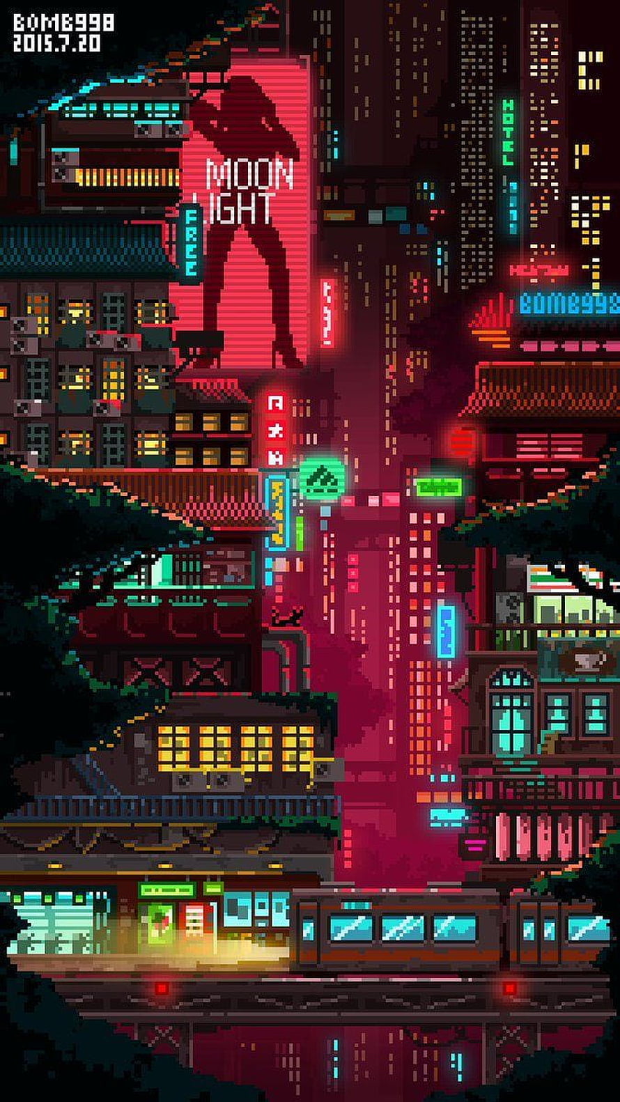 Neon-lit Cyberpunk Cityscape in Retro Pixel Art Style with Glowing Signs and Trains HD phone wallpaper