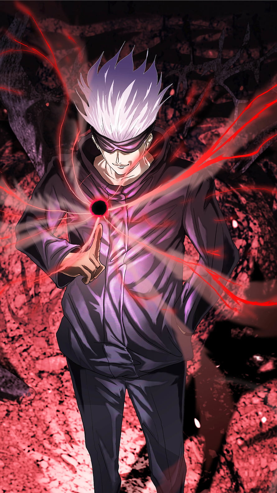 Satoru Gojo from Jujutsu Kaisen Channeling Red Energy in Dark Ruins HD phone wallpaper