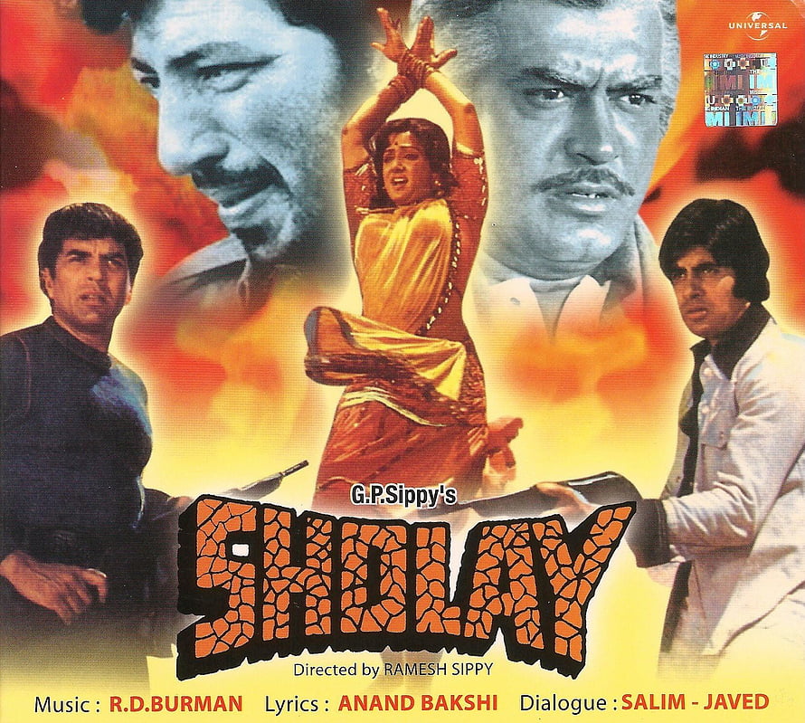 Sholay Classic Bollywood Film Poster with Ramesh Sippy and R.D. Burman Credits HD wallpaper