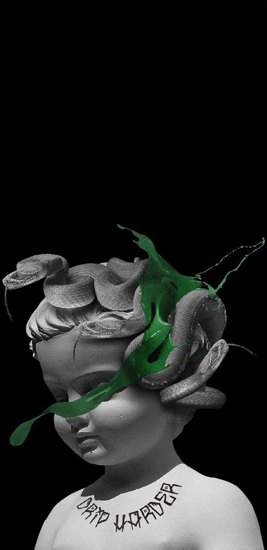 Medusa Sculpture with Green Drip and Drip Harder Text on Black Background HD phone wallpaper