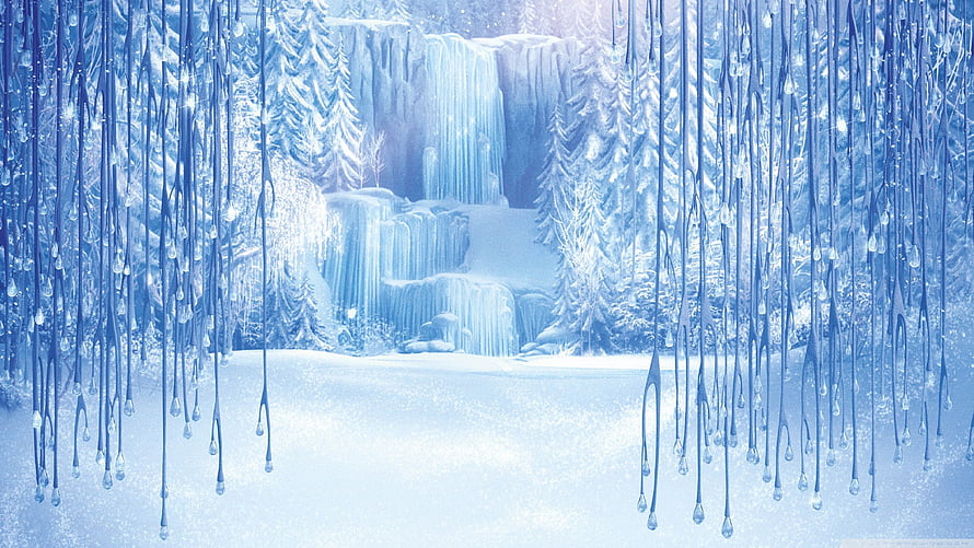 Frozen Winter Waterfall with Icy Icicles and Snowy Pine Forest Landscape HD wallpaper