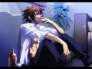 Anime Male Character Smoking Cigarette in Dimly Lit Room with Open Shirt HD wallpaper