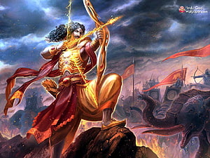 Karna from Mahabharata Drawing a Golden Bow on a Battlefield HD wallpaper