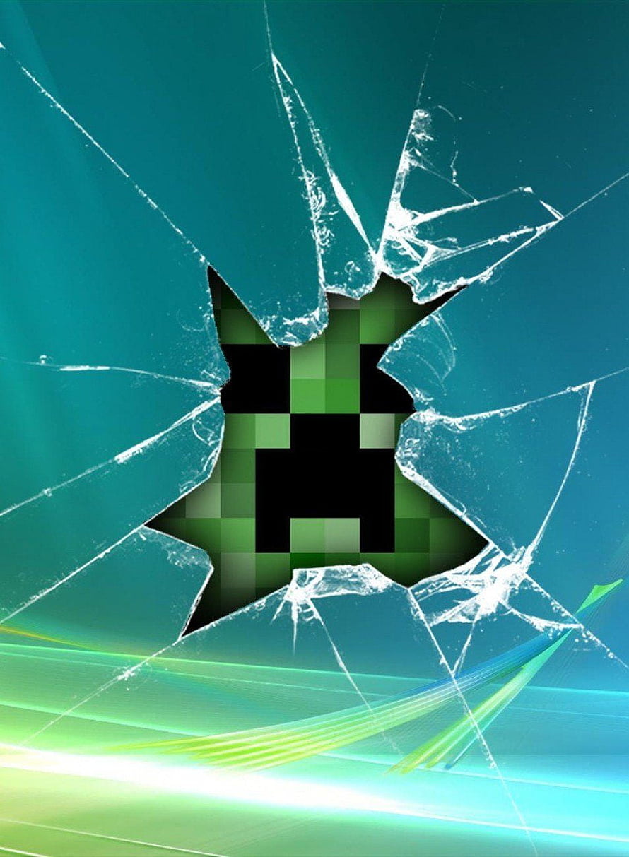 Minecraft Creeper Breaking Through Cracked Glass with Teal and Green Light Streaks HD phone wallpaper